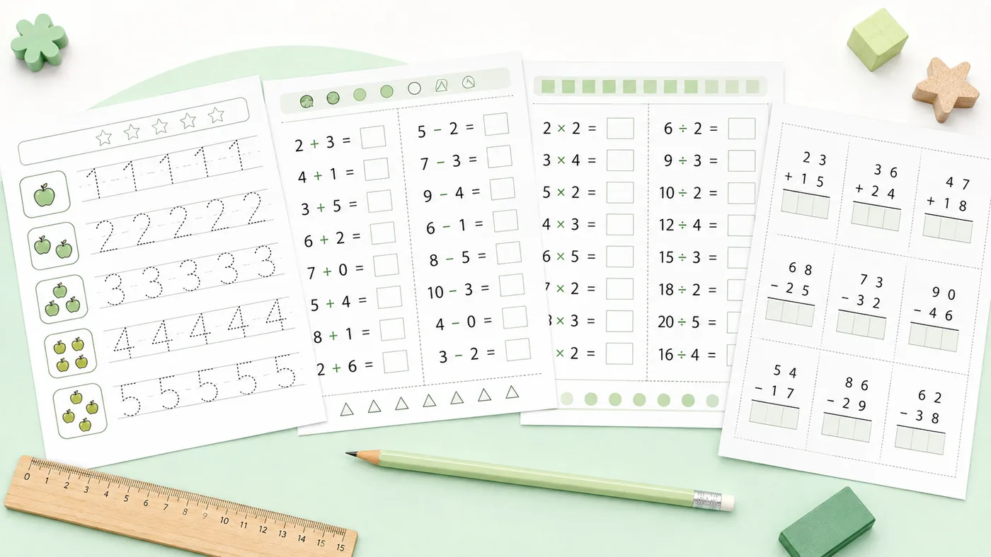 数字描写、加减乘除口算和竖式计算练习