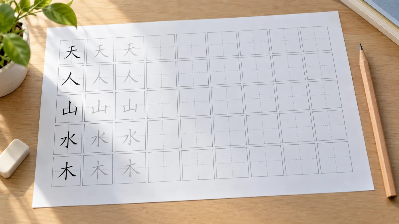 田字格练习页包含范字、浅色描红和空白书写格的示意