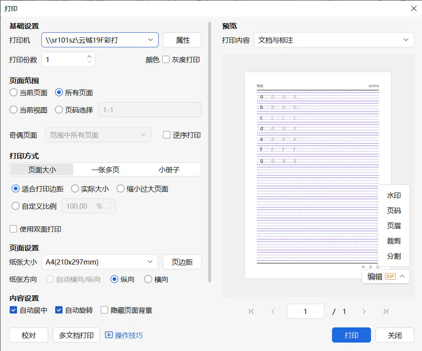 在WPS打印窗口中设置打印机、纸张和页面