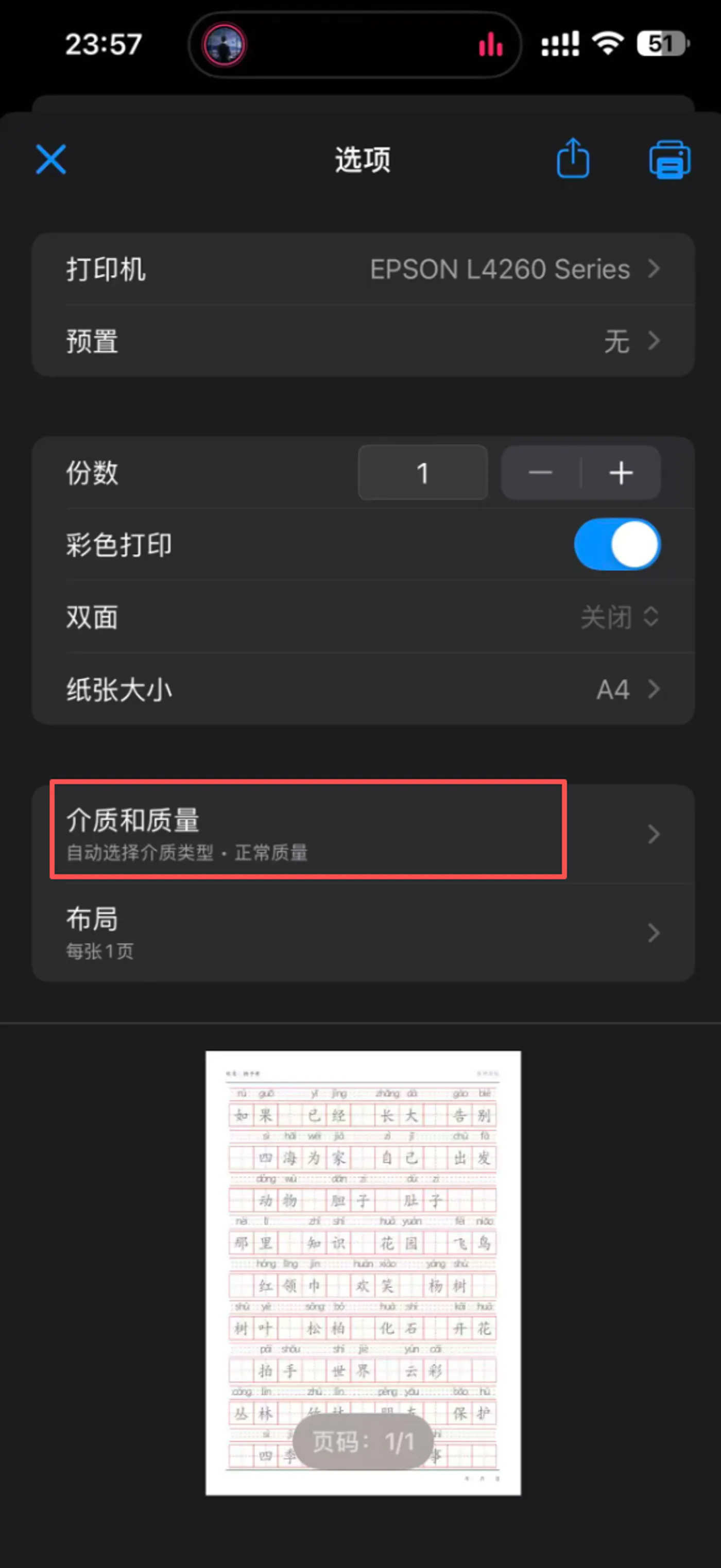 在手机打印预览中打开质量设置